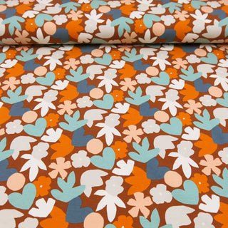 Baumwolljersey Stoff - Retro-Blumen Orange