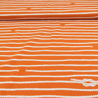 Bio Jersey Stoff orange mit weißem Seil-Muster – elastischer Baumwolljersey ideal für Kleidung und Nähprojekte – Stoffrestposten