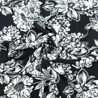 Voile - Blumen Weiss auf Schwarz Stoffrestposten