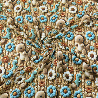 Jersey Stoff 3D Digitaldruck mit gestrickten Dinos und bunten Blumen – elastischer Baumwollstoff für Kinderkleidung von Stoffrestposten