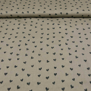 Glatter Musselin Stoff in Beige mit schwarzen Herzen – Oeko Tex zertifiziert, ideal für Kleidung, Babyartikel und Deko