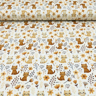 Bio Jersey „Floral Cats“ – beige Hintergrund mit niedlichen Katzen und Blumen, GOTS-zertifiziert