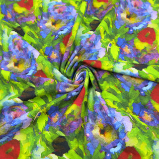 Elastischer Jersey Stoff mit buntem Aquarell-Blumenmuster in Grün, Blau, Lila und Rot – weicher Baumwolljersey für Kleidung und kreative Nähideen, erhältlich bei Stoffrestposten.