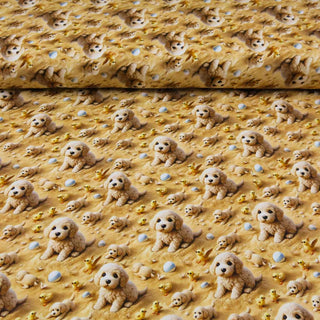 Bio Jersey Stoff „Fluffy Friends“ – süsse Welpen auf Sand