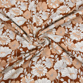 Baumwolljersey Stoff – Retroblumen in Rostbraun