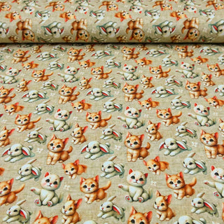 Bio Jersey „Cute Cats & Bunnies“ – süsse Kätzchen & Häschen auf beigem Grund, GOTS-zertifiziert, ideal für Kinderkleidung