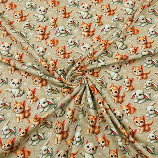 Bio Jersey „Cute Cats & Bunnies“ – süsse Kätzchen & Häschen auf beigem Grund, GOTS-zertifiziert, ideal für Kinderkleidung