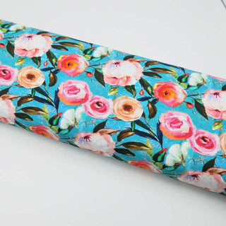 Jersey Stoff mit Blumenmuster – farbenfroher Digitaldruck auf türkisfarbenem Hintergrund, elastischer Baumwollstoff für Kleider und Accessoires von Stoffrestposten