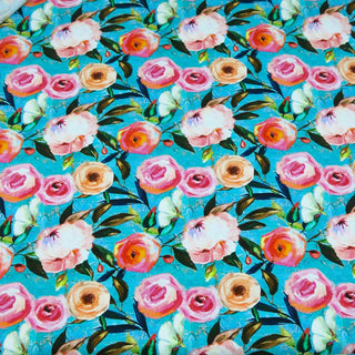 Jersey Stoff mit Blumenmuster – farbenfroher Digitaldruck auf türkisfarbenem Hintergrund, elastischer Baumwollstoff für Kleider und Accessoires von Stoffrestposten