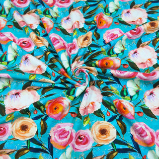 Jersey Stoff mit Blumenmuster – farbenfroher Digitaldruck auf türkisfarbenem Hintergrund, elastischer Baumwollstoff für Kleider und Accessoires von Stoffrestposten