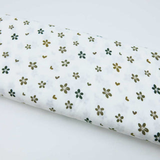 Musselin Stoff mit kleinen Blumen in Natur- und Grüntönen – Oeko Tex zertifiziert, ideal für Babykleidung, Damenmode und Accessoires