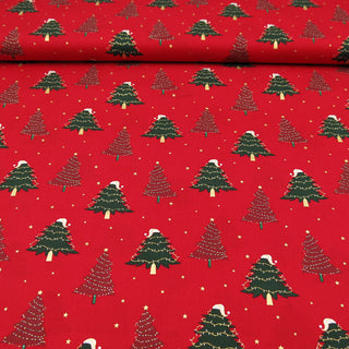 Baumwolle - Weihnachtsbäume auf Rot Stoffrestposten