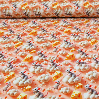 Bio Jersey Stoff – Mäuse, Käse & Popcorn auf Rosa