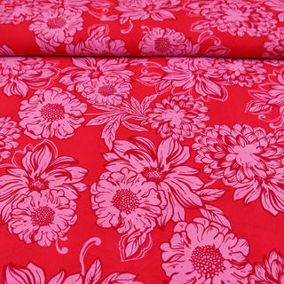 Voile - Blumen Pink auf Rot Stoffrestposten