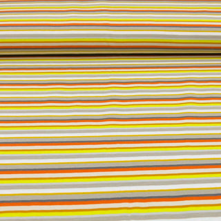Baumwolljersey Stoff - Streifen Orange/Gelb/Grau