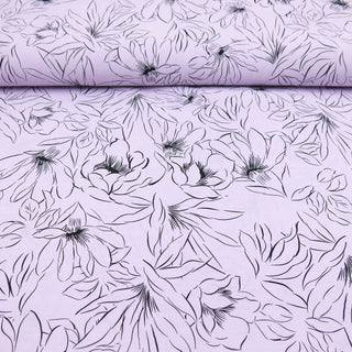 Viskose Sandwashed - Gezeichnete Blüten auf Lila Stoffrestposten