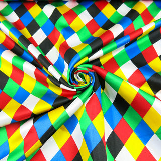 Satin Stoff Harlekin – Bunt & glänzend auf Weiss