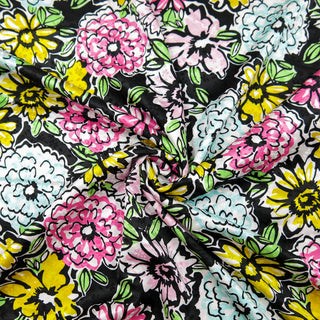 Jacquard Stretch - Blumen auf Schwarz mit Gelb