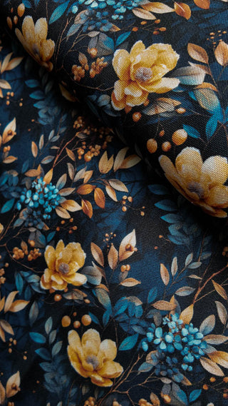 Oxford Stoff von Sarah Mariam - Blumen Dunkelblau Gelb