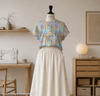 French Terry Stoff - Flowing Bloom Marmorierung in Perlmutt/Gold