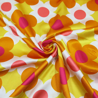 Satin Stoff - Retro Blumen Orange