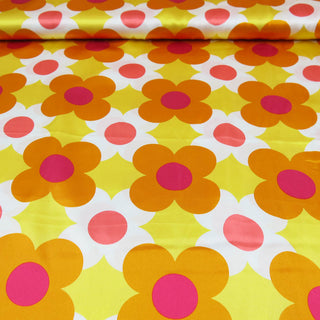 Satin Stoff - Retro Blumen Orange