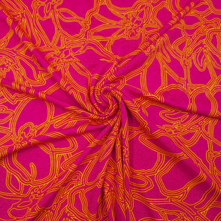 Viskosejersey Stoff – Mit orangen Blumenlinien auf Pink