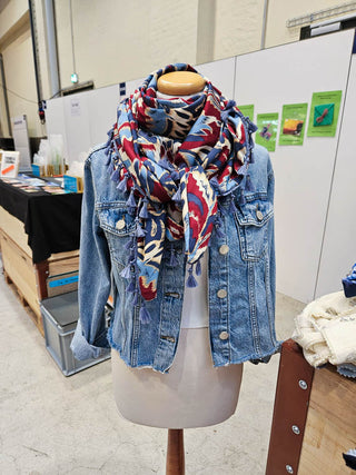 Viskosesatin Stoff - Grosses Paisley Muster Rot/Blau