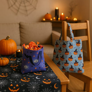 Baumwoll-Popeline Stoff mit Halloween-Motiv – Spinnennetze, Kürbisse & Fledermäuse