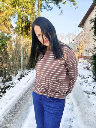 Baumwolljersey Stoff - Streifen in Taupebraun/Creme