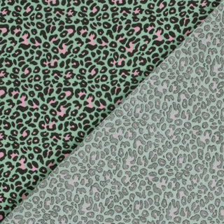 Musselin Stoff – Leopardenmuster in Rosa und Schwarz auf Mint – Ansicht 4