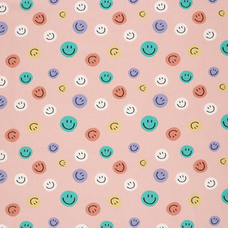 Baumwollstoff Popeline Bunte Smileys auf Altrosa – Stoff im Detail