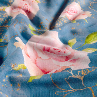 French Terry Stoff – Romantische Rosen auf Taubenblau