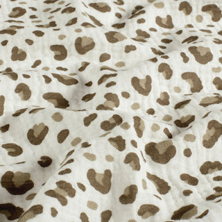 Musselin Stoff – Leopardenmuster in Mocca auf Wollweiss