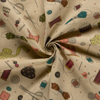 Canvas Stoff Vintage Nähutensilien auf Beige