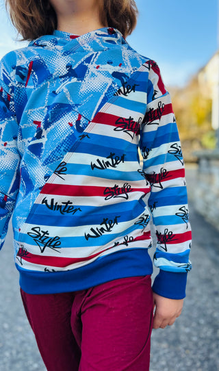 Stoffpaket Winter Style – 3x1 Meter mit Snowboard-, Streifen- & Uni