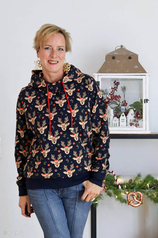 French Terry Stoff angeraut – Weihnachtsrentiere auf Nachtblau – Ansicht 2