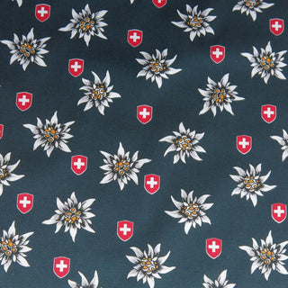 Beschichtete Baumwolle - Edelweiss und Schweizer Wappen auf Dunkelgrün