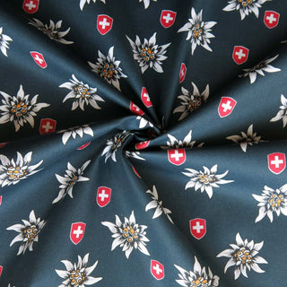 Beschichtete Baumwolle - Edelweiss und Schweizer Wappen auf Dunkelgrün