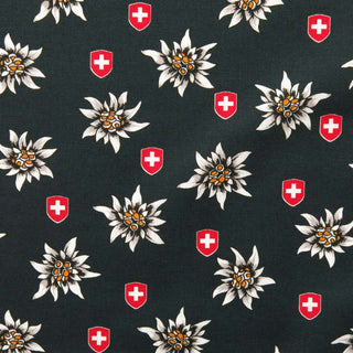 Baumwolle - Edelweiss und Schweizer Wappen auf Schwarz Stoffe kaufen